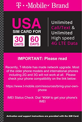 T-mobile Brand USA Prepaid Travel SIM Card Unlimited Call, Text and 4G LTE Data (for use in USA only) (for Phone use only. NOT for Modem/WiFi Devices) (30 Days)