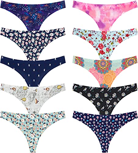 QOVOQ Thong underwear for women,No Show Breathable Cotton Womens Thongs Underwear Seamless Thongs for Women (Multicoloured E-10pack, Large)