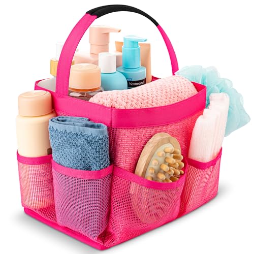 Masirs Mesh Shower Caddy Bag - Collapsible, Portable Bathroom Organizer for Travel, Gym, and Dorm Use. Easily Carry and Organize College Dorm, Bathroom Toiletry Essentials. (Pink)