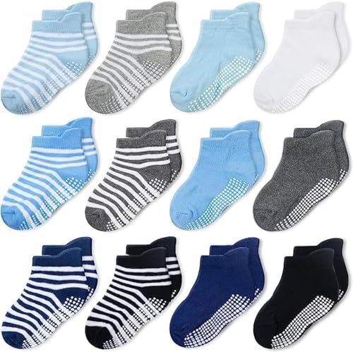 CozyWay Non-Slip Ankle Style Socks with Grippers, 12 Pack for Baby Boys and Girls, Multi Colored, 1-3 Years