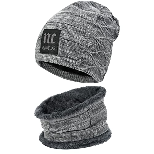 Fantastic Zone 2-Pieces Winter Beanie Hat Scarf Set Warm Knit Hat Thick Fleece Lined Winter Hat & Scarf For Men Women,Grey-2,One Size