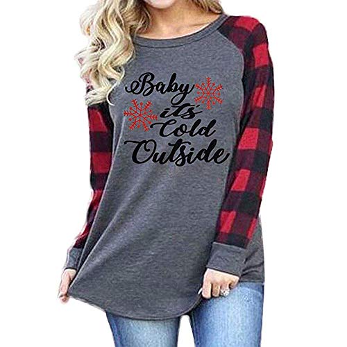 Baby It's Cold Outside Christmas T Shirt Women's Plaid Splicing Long Raglan Tops Blouses Shirts Tops(4102-Cold Outside L)