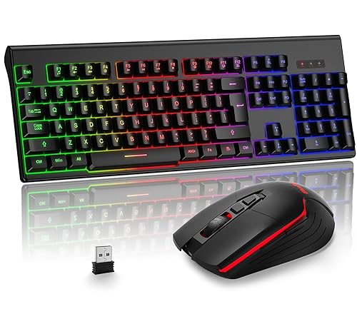 BlueFinger Wireless Gaming Keyboard and Mouse, Rechargeable Rainbow Backlit Wireless Keyboard and Ergonomic Light Up Mouse Combo for Windows, Mac, PC, Laptop