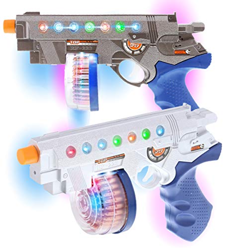 Mozlly Revolver Space Handgun Toy Set of 2 - Flashing LED Laser Guns for Kids with Sounds Effects, Realistic Blaster Gun Toy for Party Favors & Costume Dress Up Accessory Prop Pretend Play - 2 Pack