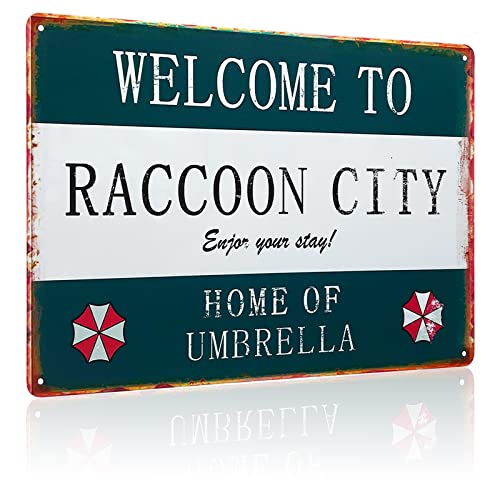Metal Tin Sign Personality Retro Resident Welcome to Raccoon City, Umbrella Sign Home, Home Material Iron Sign, Style Metal Decorative Sign, 12 * 8 Inch