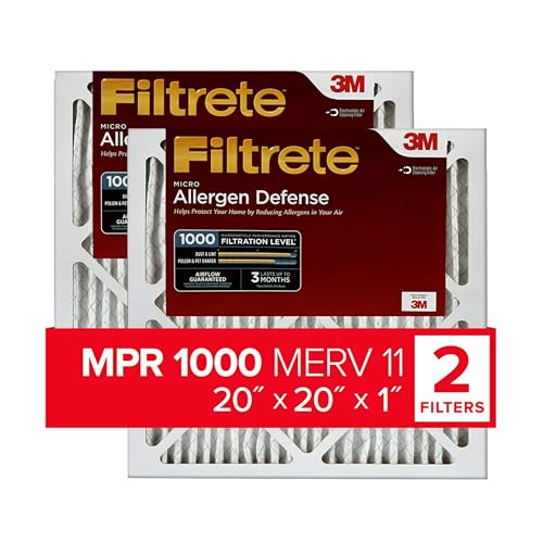 Filtrete 20x20x1 AC Furnace Air Filter, MERV 11, MPR 1000, Micro Allergen Defense, 3-Month Pleated 1-Inch Electrostatic Air Cleaning Filter, 2 Pack (Actual Size 19.719 x 19.719 x 0.84 in)