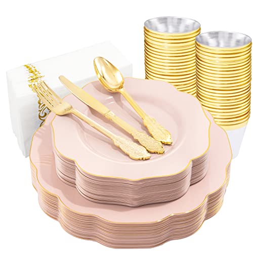 NOCCUR 175PCS Pink Plastic Plates - Pink Plates with Gold Disposable Silverware - Include 50 Plates,25 Knives,25 Forks,25 Spoons,25 Cups and 25 Napkins - Ideal for Wedding, Party,Shower&Mothers Day