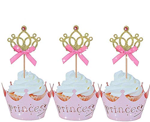 JeVenis 40 PCS Glittery Princess Cupcake Toppers Crown Cupcake Wrapper Crown Cupcake Toppers Baby Shower Cupcake Decorations for Birthday Baby Shower Party Decorations Supplies