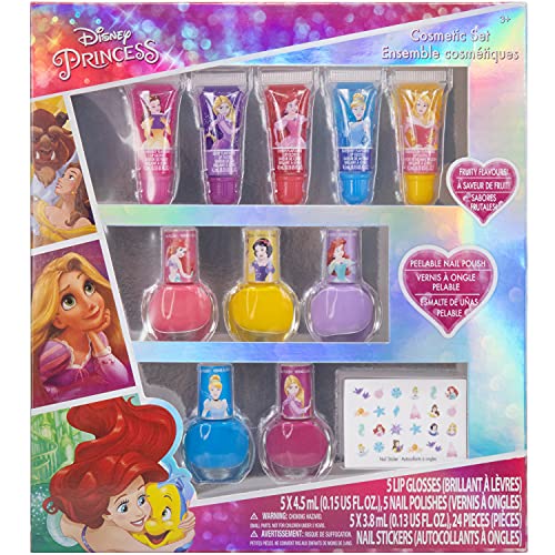 Disney Princess Sparkly Cosmetic Makeup Set for Girls with Lip Gloss Nail Polish Nail Stickers - 11 Pcs|Perfect for Parties Sleepovers Makeovers Birthday Gift for Girls 3+