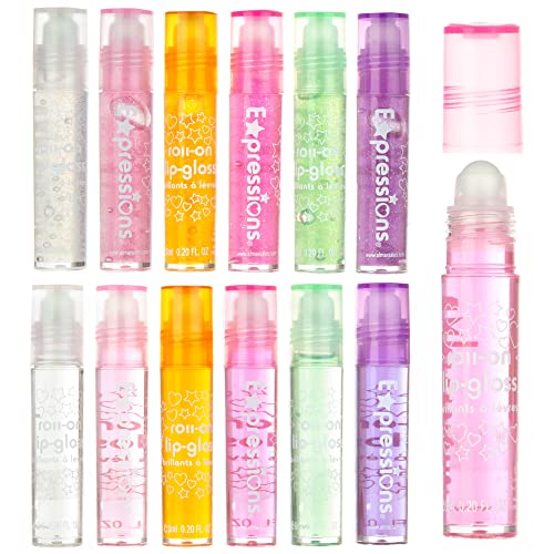 Expressions 12pc Roll On Lip Gloss Set with Carrying Case, 12-Piece Glossy Lip Makeup - Assorted Fruity Flavors, Non Toxic, Kid Friendly, Party Gift, Best Friends