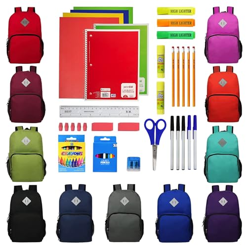12-Pack 18' Sport Backpacks with 52 Piece School Supplies Kits – Bulk Bundle Essential for Elementary, Middle, and High School Students, 11 Assorted Styles