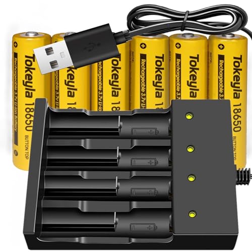 6pcs 1￵8￵6￵50 Rechargeable Batter￵y 5000mAh W￵i￵th 18650 Battery Charger,Universal Charger for Rechargeable 3.7V Li-ion Batteries 26650 14500 10440 Tokeyla (Button Top Type)
