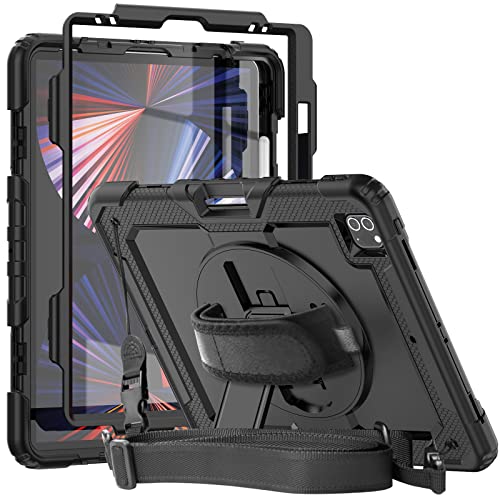 iPad Pro 12.9 Case 2022/2021/2020 with Screen Protector Pencil Holder | Herize iPad Pro 12.9 inch 6th/5th/4th Generation Case | Full Body Shockproof Rugged Protective Rubber Case W/Stand Strap | Black