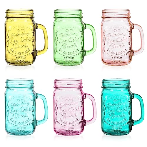 Cosnou Colored Mason Jar 16 OZ Drinking Jars with Comfortable Handle for Party Beverages Materials and Easy to Clean in the Dishwasher 6 Pack
