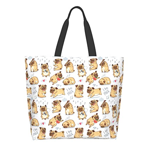 Qwalnely Pug Gifts for Pug Lovers-Tote Bag Canvas for Women, Travel Beach Bag Reusable Grocery Shopping Storage