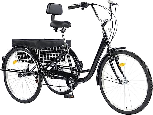 TUOKE Adult Trikes 24 inch Wheels Low Step-Through with Cargo Basket/Full Assembly Tool，Adult Tricycles Three Wheel Trike Bike Cruiser 7 Speed, Suitable for Women, Men, Seniors