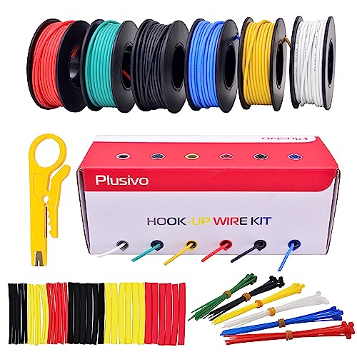 22 AWG Stranded Wire Kit – Silicone Coated Copper Wires 22 Gauge Pre-Tinned 23ft/7m Each Spool, 6 Colors (Black, Red, Yellow, Green, Blue, White), Electrical Jumper Wire Hook Up Wire Kit from Plusivo