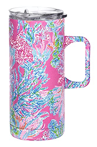 Lilly Pulitzer 16 Oz Travel Mug with Handle and Lid, Stainless Steel Insulated Coffee Tumbler, Double Wall Metal Cup, Seaing Things