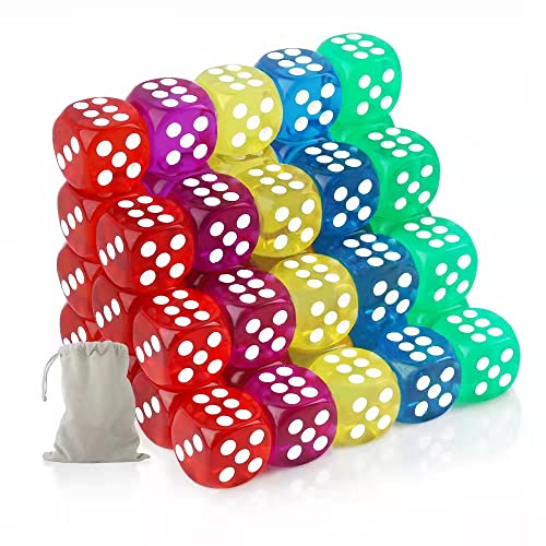 Riaaorr 50 Pieces 6 Sided Dice Set, 14MM Premium Translucent Rounded Corners Colored Bulk Dice for Classroom Teaching, Board Games, Dices Game (with Pouch)