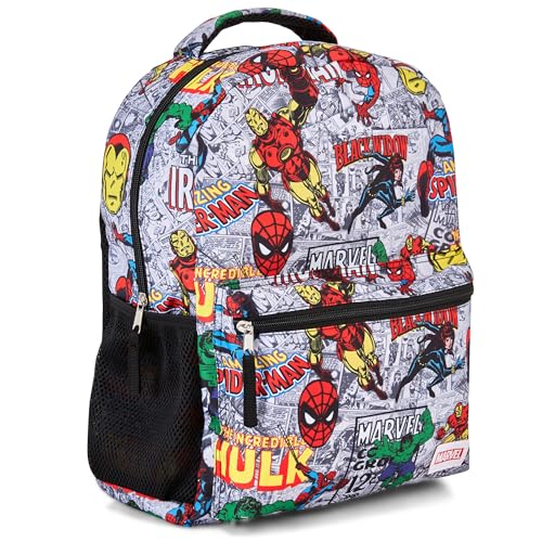 Marvel Comics Allover School Backpack - Avengers, Spiderman, Captain America, Iron Man Hulk - Officially Licenced Bookbag for Boys & Girls (White)