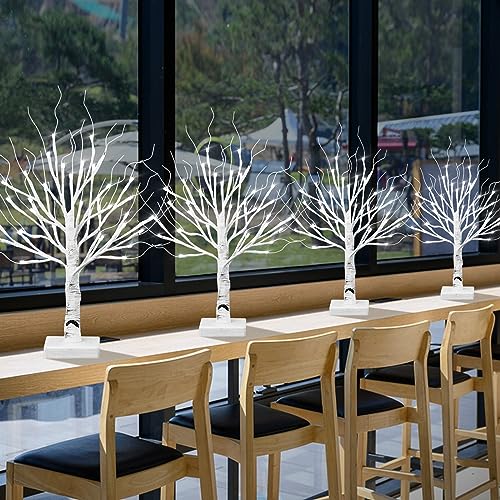 Brightdeco Set of 4 Lighted Birch Tree 36LT LED Home Decorations Battery Operated Artificial Money Tree Gift Holder Decor Cold White 18'