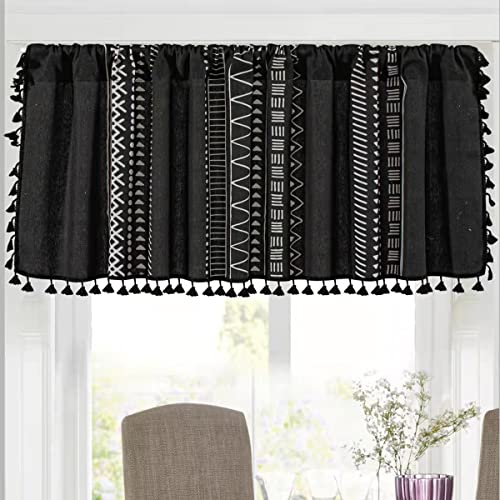 RYNGHIPY Black Boho Kitchen Valances for Windows, Farmhouse Tier and Valance Window Curtain with Tassels, Short Curtains for Bathroom, Living Room, Farmhouse, Bedroom, 55 x 18 Inches Length