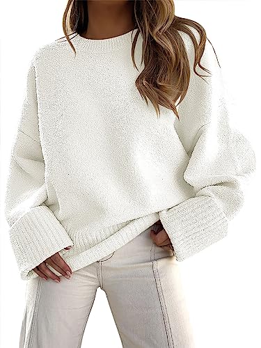 ANRABESS Women's Crewneck Long Sleeve Oversized Fuzzy Knit Chunky Warm Pullover Sweater Top 626mibai-M White