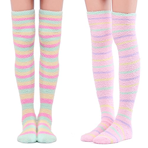 Littleforbig Cute Coral Fleece Knee High Long Striped Socks 2 Pairs