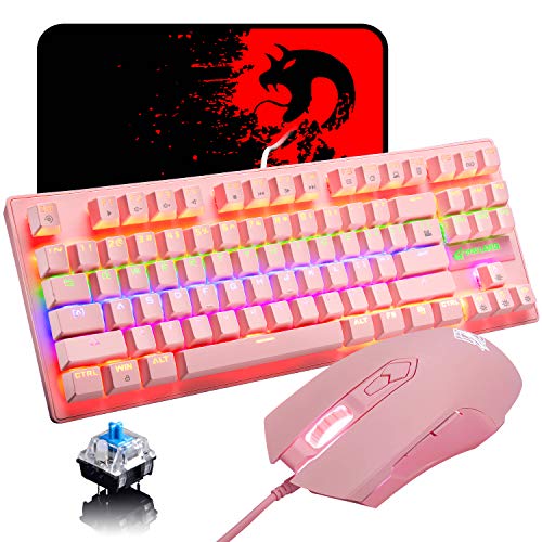 LexonElec Mechanical Gaming Keyboard Blue Switch Mini 82 Keys Wired Rainbow LED Backlit Keyboard,Lightweight Gaming Mouse 6400DPI Honeycomb Optical,Gaming Mouse Pad for Gamers and Typists(Pink)