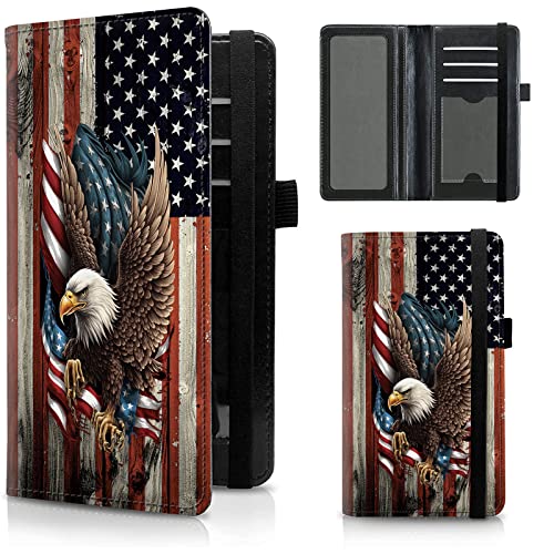 FUYOCWE Leather Checkbook Covers for Men Women Check book Holder Cover Wallets for Personal Checkbook Duplicate Checks with RFID Blocking & Elastic Strap-Bald Eagle with Flag