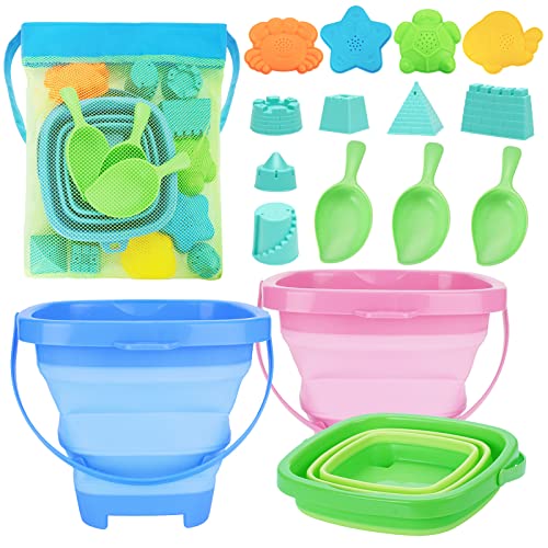 RACPNEL Collapsible Foldable Beach Sand Buckets and Shovels Set - Beach Toys for Kids with Mesh Bag & Sand Molds, Silicone Beach Sand Pails for Travel, Kids and Toddlers
