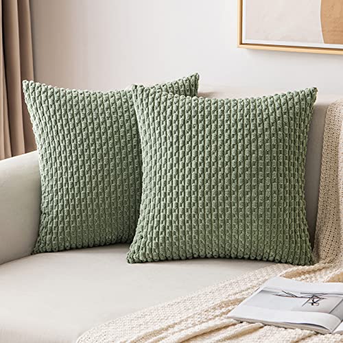 MIULEE Throw Pillow Covers Soft Corduroy Decorative Set of 2 Boho Striped Pillow Covers Pillowcases Farmhouse Home Decor for Couch Bed Sofa Living Room Spring 18x18 Inch Sage Green