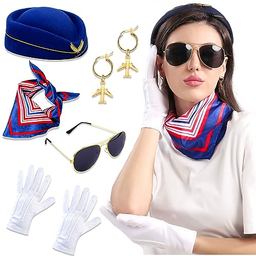 LaVenty Women's Flight Attendant Costume Accessories Stewardess Costume Accessories Flight Attendant Hat Earrings Sunglasses Scarf Gloves