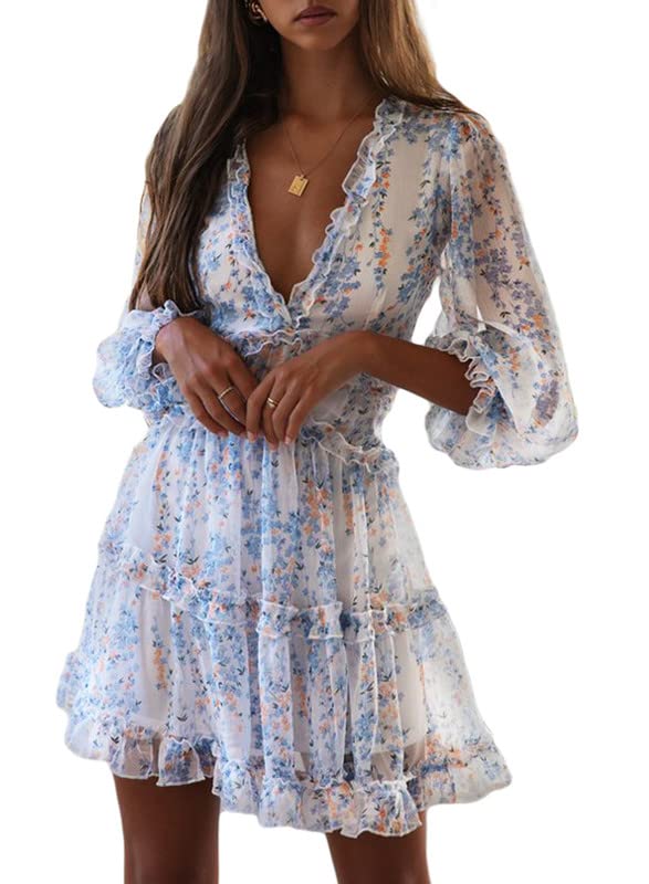 Dokotoo Womens Sun Casual V Neckline Long Sleeve Open Back Floral Print Mini Dress Bohemian Fashion Skater A Line Ruffle Hem Swing Dresses White Small