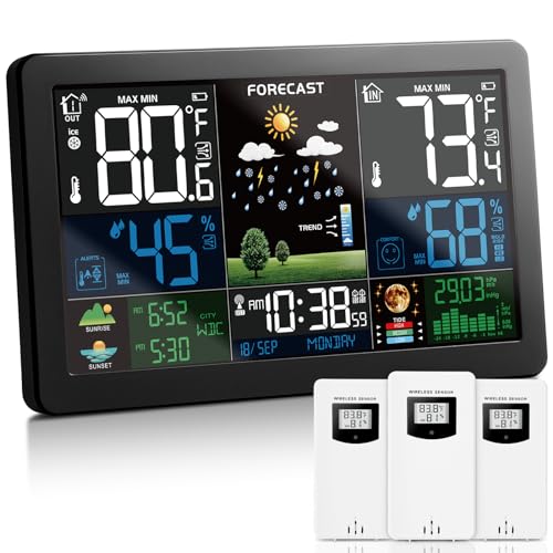 KALEVOL Weather Station Wireless Indoor Outdoor Thermometer with 3 Remote Sensors and Color Display Atomic Clock, Weather Thermometer Forecast Station with Sunrise Sunset Time and Tide Level