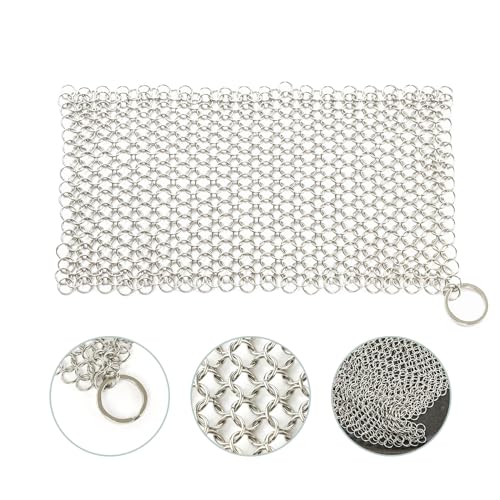 Cast Iron Cleaning Scrubber-Stainless Steel Chainmail for Pans, Skillets, Waffle Irons, Dutch Ovens, and Glassware - 8'x6' Size, Pre-Seasoned Cookware Safe, 1 Pack