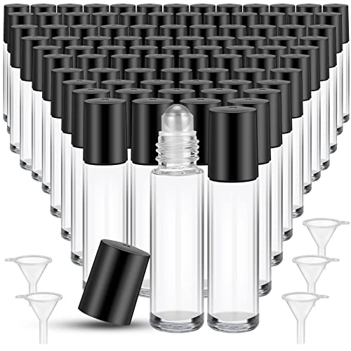 SEEWEY 96 Pcs Essential Oil Roller Bottles 10ml Empty Glass Roller Bottles with Stainless Steel Roller Balls Protection Leakproof with 5 Funnel for Travel Perfume Lip Gloss (Clear)