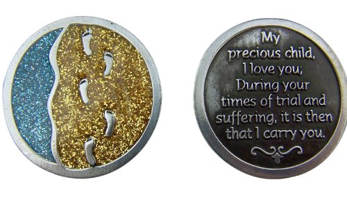 Religious Gifts 1 1/4 Inch Silver and Blue/Gold Sparkle Enamel Footprints in The Sand Pocket Prayer Token
