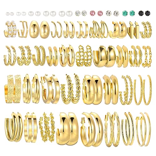 46 Pairs Hoop Earrings Set for Women Girls, Fashion Hypoallergenic Chunky Twisted Pearl Stud Multipack, Small Big Hoops Earring Packs Trendy for Christmas Birthday Party Jewelry Gift (gold)