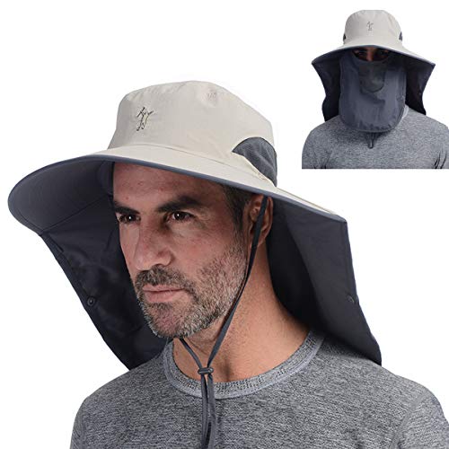 USHAKE Outdoor Wide Brim Fishing Hat Sun hat with Neck Flap Khaki