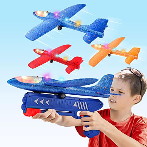 3 Pack Airplane Launcher Toy, 12.6' Foam Glider Led Plane, 2 Flight Mode Catapult Plane for Kids Outdoor Sport Flying Toys Gifts for 4 5 6 7 8 9 10 12 Year Old Boys Girls