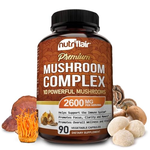 NutriFlair Mushroom Supplement 2600mg, 90 Capsules - 10 Mushrooms Blend - Reishi, Lions Mane, Cordyceps, Chaga, Turkey Tail, Maitake, Shiitake, Oyster Nootropic Complex - Brain, Energy, Focus Pills