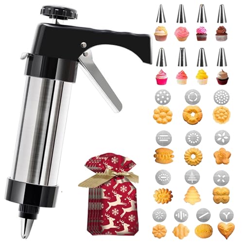 JUMGUN Cookie Press, Stainless Steel Spritz Cookie Press, Cookie Press Gun Kit with 13 Cookie Discs and 8 Piping Tips for Home DIY Biscuit & Cake Decorating, Cookie Press Set for Baking