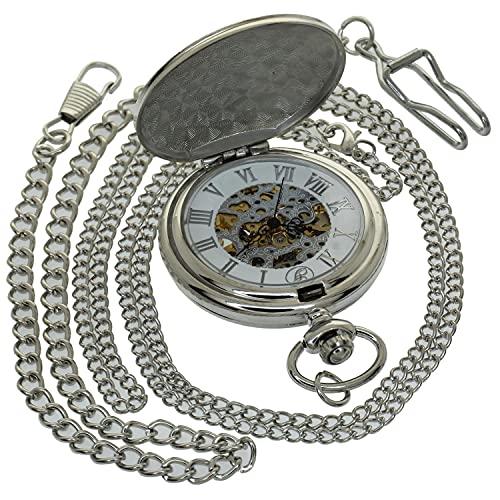 Retro Hand Wind Mechanical Pocket Watch with Fob Chain Mens Hollow Skeleton Roman Dial Black Silver Case Clock