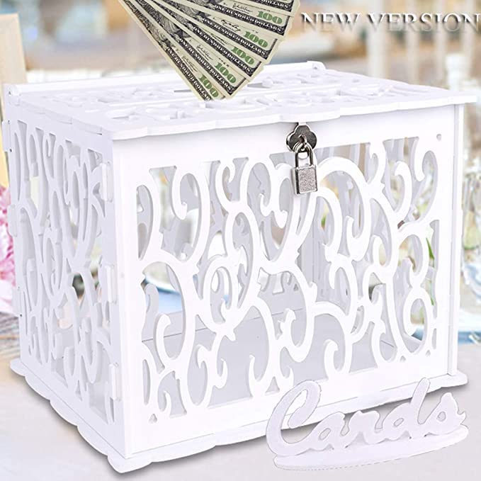 OurWarm Wedding Card Box PVC Hollow Wedding Envelope Box with Lock and Card Sign, Upgraded Security Money Box Gift Card Box for Wedding Reception Birthday Baby Shower Graduation Party Supplies
