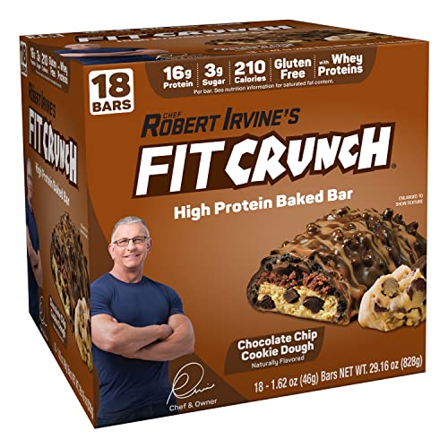 FITCRUNCH Snack Size Protein Bars, Designed by Robert Irvine, World’s Only 6-Layer Baked Bar, 3g of Sugar & Soft Cake Core (18 Bars, Chocolate Chip Cookie Dough)