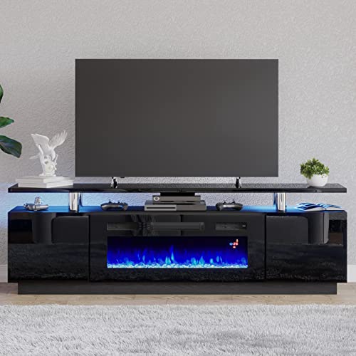 AMERLIFE Fireplace TV Stand with 36' Fireplace, 70' Modern High Gloss Entertainment Center LED Lights, 2 Tier TV Console Cabinet for TVs Up to 80', Obsidian Black