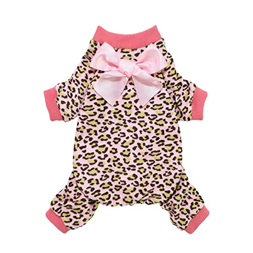 Fitwarm Leopard Dog Pajamas, Fleece Dog Clothes for Small Dogs Girl with Legs, Pet Onesie, Cat Outfit, Pink, Medium