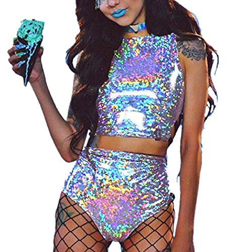 RARITYUS Women Rave Holographic Bodysuit Mini Two Piece Hologram Metallic Silver for Dance Party Clubwear EDM Festival