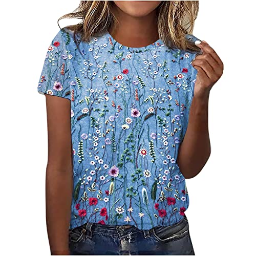 SKDOGDT Summer Short Sleeve Tops For Women Trendy Casual Floral Graphic Shirts Blouses Plus Size Crew Neck Boho Henley Tees